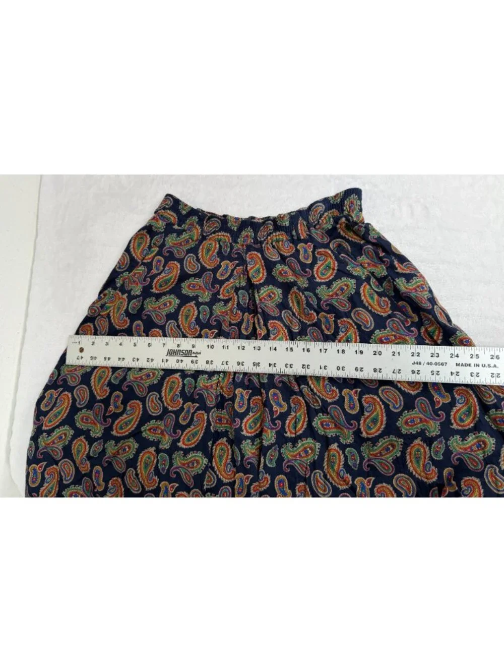 Vintage Liz Sport Paisley Print Midi Skirt Navy Rayon Elastic Waist Small A-Line